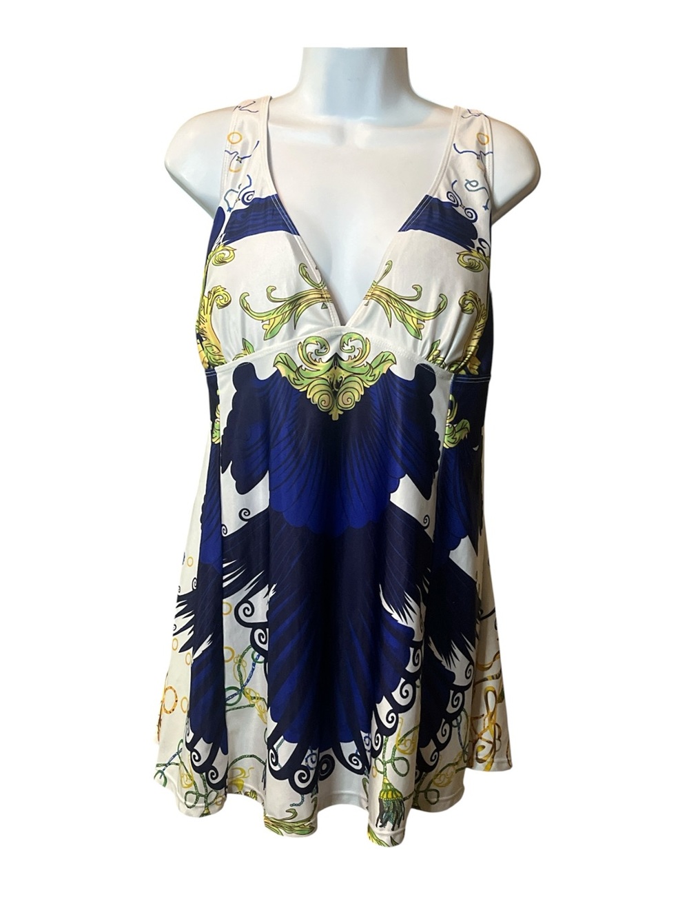 Swimwear Sleeveless Deep V Printed Tunic Top in Navy & White